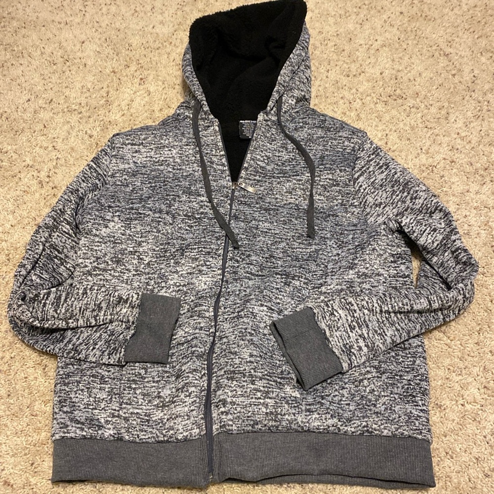 Gray and white Starting Point Furling Fleece hooded jacket with hood.